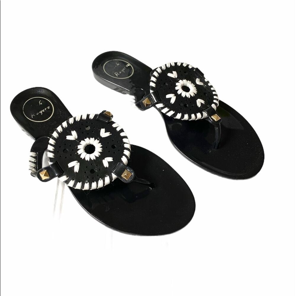 Jack Rogers sandals 7 black white jelly studded whipstitched flip flop
